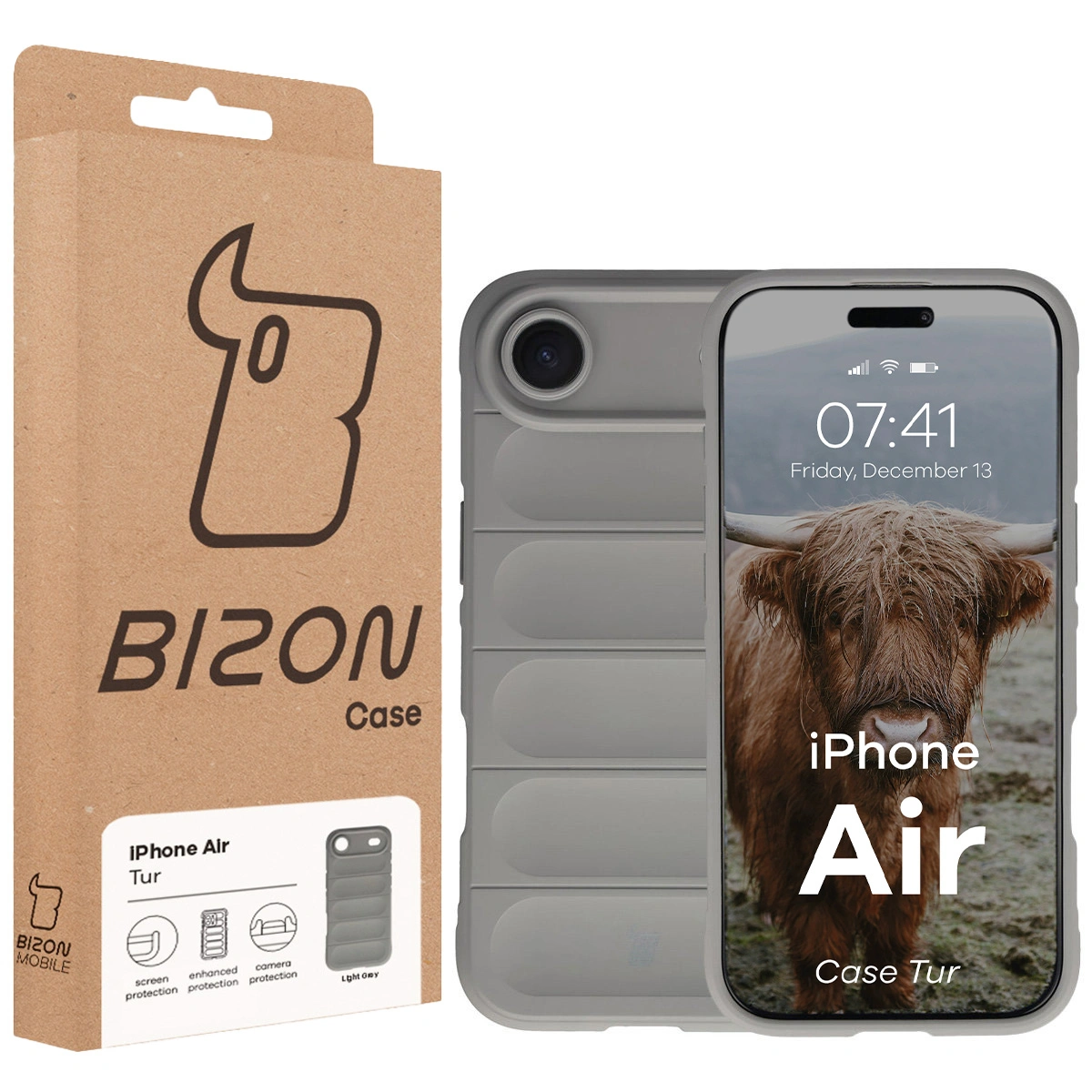 Przód pudełka Bizon Case z dedykowaną etykietą do Apple iPhone Air